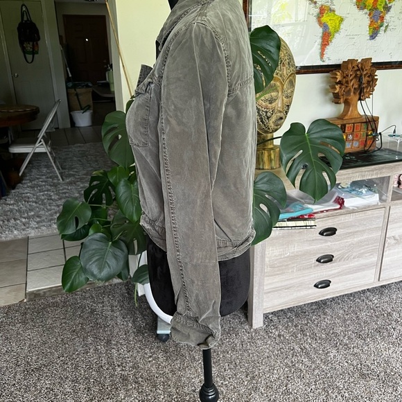 Mossimo Supply Co Army Green Jean Jacket Cropped Distressed - Picture 3 of 6